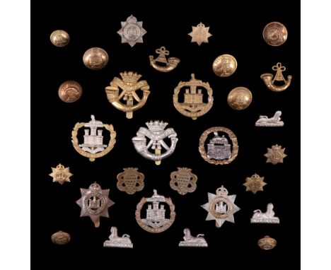 A group of Devonshire, Dorsetshire Regiment and The Duke of Cornwall's Light Infantry cap and collar badges
