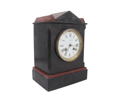 A Victorian polished slate and variegated red marble mantle clock retailed by Johnston of Carlisle, having a French Jappy Fre
