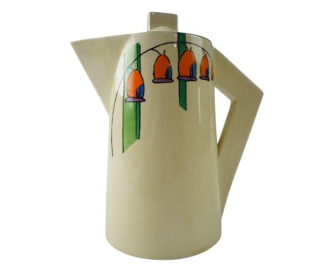 A 1930s Clarice Cliff Bizarre "Soloman's Seal" hand-painted and honey-glazed conical coffee pot, Wilkinson Ltd, 17 cm
