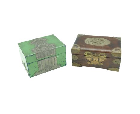 A Chinese brass-mounted rosewood box together with a pewter-mounted wooden single-compartment caddy, latter 9 x 14 x 11 cm