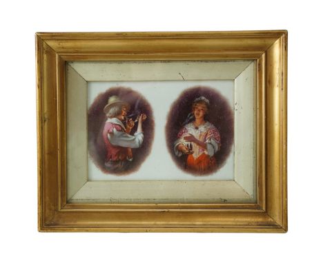 A Bisto bone china plaque decorated with a pair of vignettes respectively of a 17th Century gentleman lighting a clay pipe an