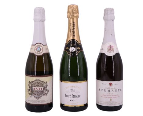 A bottle of Louvel Fontaine champagne together with two bottles of sparkling wine, 75 cl each