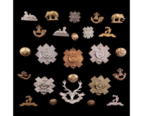A group of Sutherland Highlanders and Highland Light Infantry cap and collar badges etc