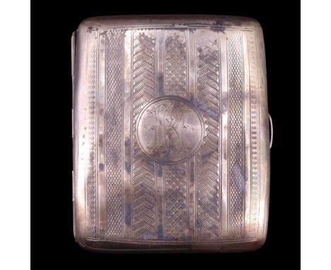 An Edwardian silver cigarette case of cushion oblong form and bearing banded engine turned decoration, Birmingham, 1903, 80 g