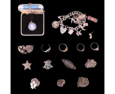 A quantity of vintage silver and white metal jewellery including a Victorian double-heart "Mizpah" brooch, a lime green and b