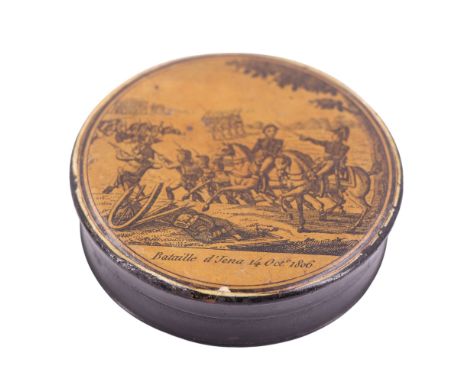 A Napoleonic French lacquered mache snuff box bearing a printed engraved battle scene with legend "Bataille d'Jena 14 Octe 18