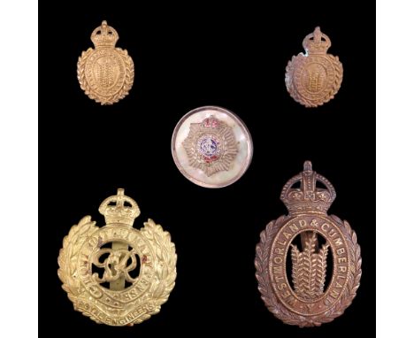 Westmorland and Cumberland Yeomanry cap and collar badges together with a Royal Engineers cap badge and an Army Service Corps