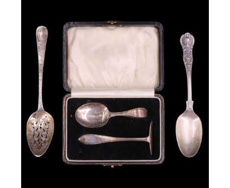 A 19th Century silver casting spoon together with a Victorian Queen's pattern silver dessert fork and a 1920s cased silver in