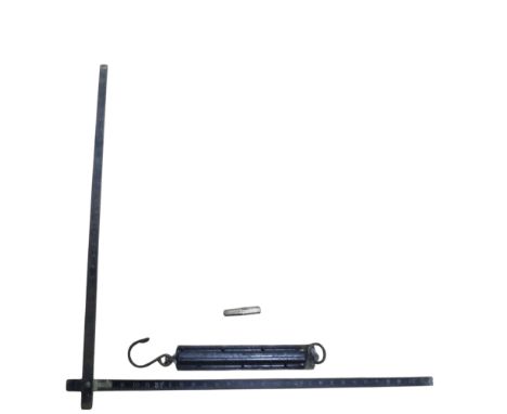 A folding brass-mounted and ebonised 5-feet locking rule together with a Salter Improved No 2 spring balance and a pocket com