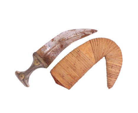 A Middle Eastern Jambiya dagger, having horn grips and a rattan-bound leather-covered scabbard, 63 cm