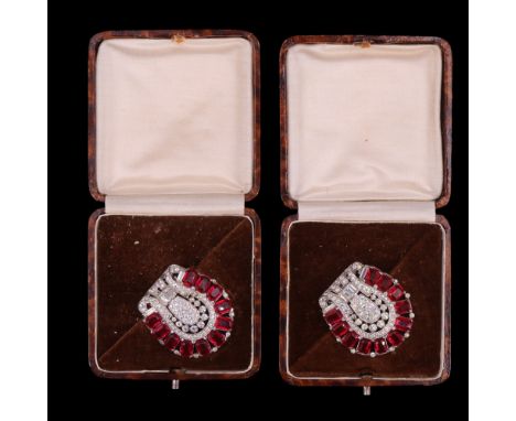 Vintage Trifari costume double clip brooches,  of Art Deco influenced design in red and colourless rhinestone and rhodium pla