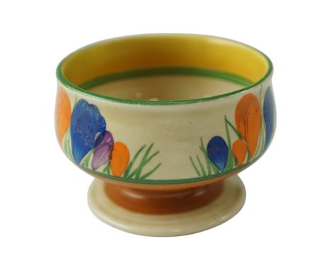 A 1930s Clarice Cliff Bizzare "Autumn Crocus" pedestal bowl, shape number 259, Wilkinson Ltd, 7.5 cm x 5 cm