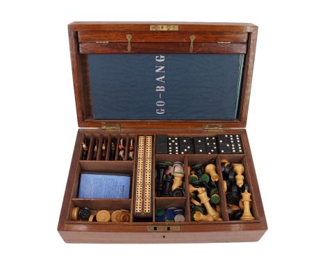 A late 19th / early 20th Century walnut-cased games compendium by Ayres of London, including chess, dominoes, cribbage, Go-Ba