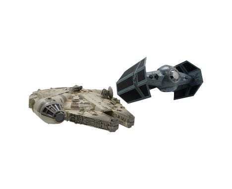 A 1995 Tonka Star Wars Millennium Falcon together with a 1997 Hasbro TIE Fighter, former 54 cm