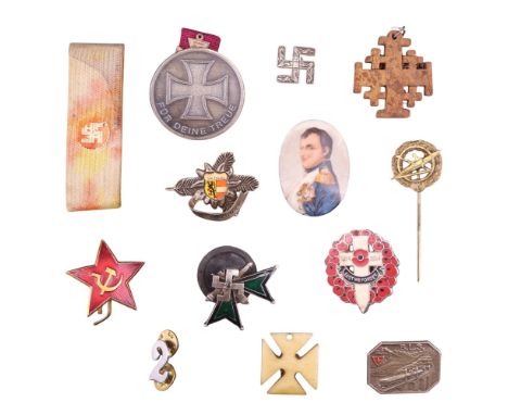 Sundry military and civilian badges, brooches, etc, including a Limoges Napoleon portrait plaque, a silver swastika, a carved