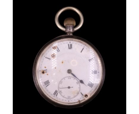 A George V silver pocket watch having a crown-wound movement and a circular white enamel face with Roman numeral markers, a b