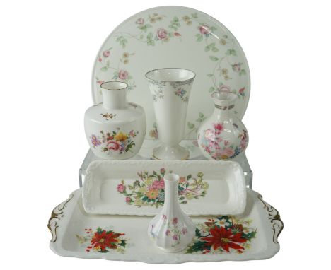A 1991 Royal Crown Derby "Derby Posies", Royal Doulton, Spode and Coalport vases, together with a Wedgwood Rosehip cake plate