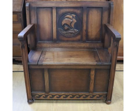 A 1930s oak monk's bench, 91 cm x 49 cm x 75 cm (as table)