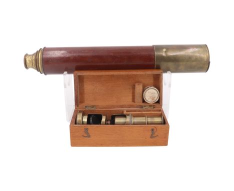 A late 19th / early 20th Century brass and mahogany three-draw telescope together with a student's brass monocular microscope