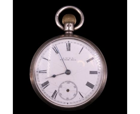A Victorian Waltham silver pocket watch having a crown-wound movement and white enamel face with blued-steel poker hands, Rom