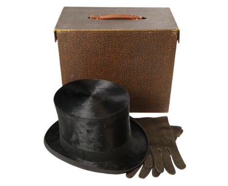 A vintage G A Dunn &amp; Co black silk top hat, cased with a pair of gloves, early-to-mid 20th Century, 21 cm x 17 cm interna