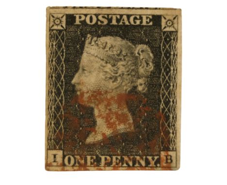 An 1840 Penny Black stamp, I B