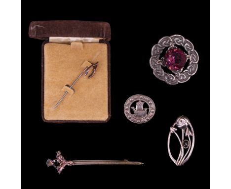 A group of Scottish silver / white metal jewellery comprising an Ortak of Orkney wishbone stick pin, a Charles Rennie Mackint