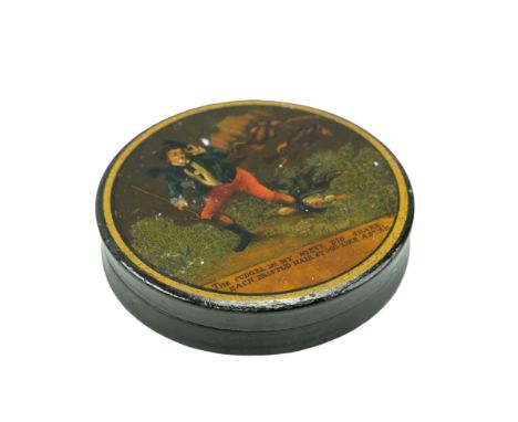 A Victorian lacquered mache snuff box decorated with a verse from Burns' Address to the Devil "The cudgel in my nieve did sha