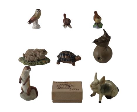 A Poole wren together with Hummel and Royal Worcester wrens, a Beswick rabbit, a Hummel owl etc, tallest 12 cm 