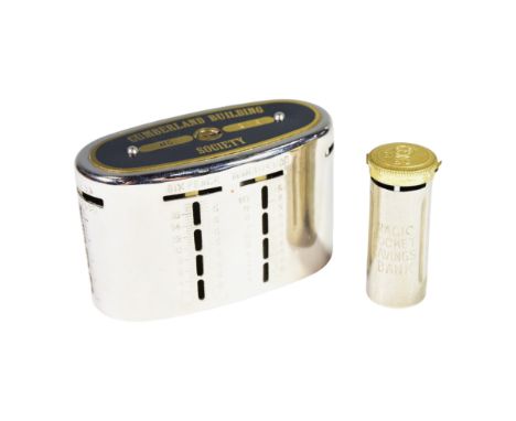 A mid-20thCentury Cumberland Building Society savings box by the Automatic Recording Safe Co Ltd, in original carton, togethe