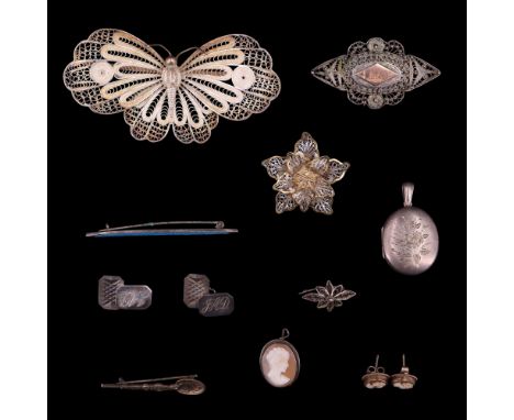A quantity of Victorian and later silver / white metal jewellery including a pair of silver gilt cameo ear studs and a simila