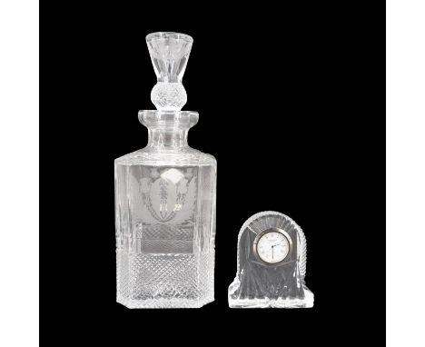 An Edinburgh Crystal Thistle decanter and a table clock, decanter 26.5 cm