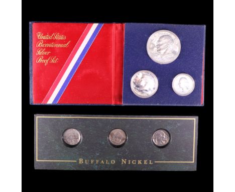 A United States Bicentennial Silver Proof Set (1776-1976), together with a set of three slabbed 1930s Buffalo Nickels 