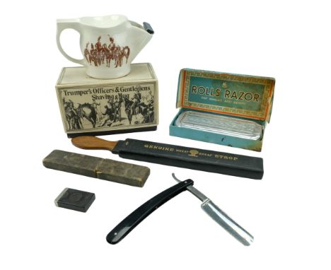 A group of early 20th Century and later shaving paraphernalia comprising a boxed Trumper's Officers &amp; Gentlemens Shaving 