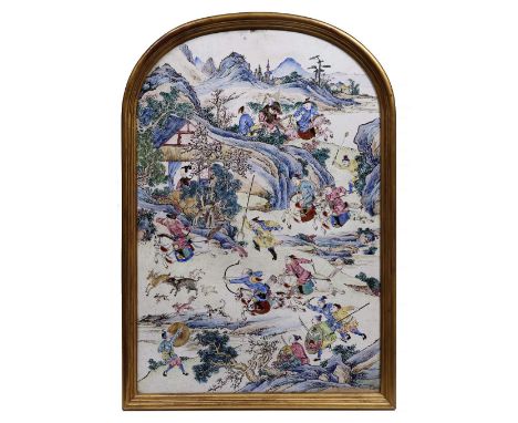 A Canton enamel rounded top rectangular panel 18th/19th Century decorated with a house nestling amongst a rocky landscape and