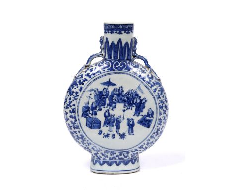 A Chinese blue and white porcelain moon flask Guangxu (1875-1908) having front and back scenes of court life within a foliate