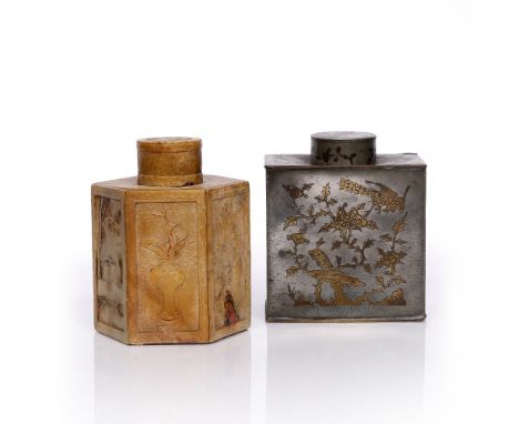 A Chinese pewter and inlaid tea caddy 19th Century decorated with birds and blossom, 14.5cm high and a Chinese hexagonal soap
