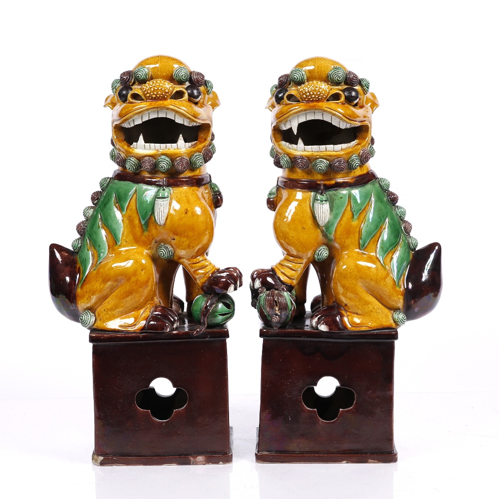 A Pair Of Chinese Glazed Temple Dogs Late 19th Early 20th Century Each 