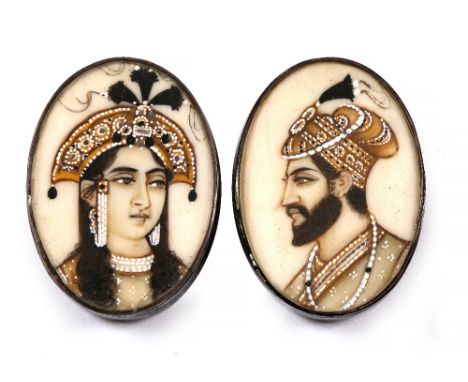 Indian School A pair of oval miniature boxes, each with inset Mughal type portrait on ivory, the sides of the boxes with niel