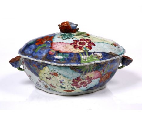 A single Chinese famille rose 'tobacco-leaf' tureen Qianlong (1736-1795) with undulating rim, flanked on either side by lotus