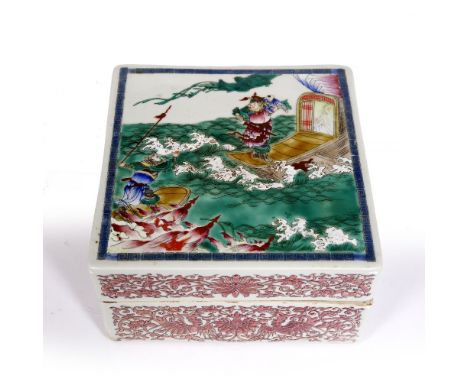 A Chinese porcelain four compartment square box and cover Guangxu (1875-1908) decorated in famille rose enamels with a legend