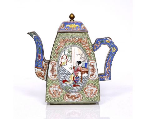 A Chinese Canton enamel large teapot and cover 19th Century with an oval panel to each side, one decorated with mountain scen