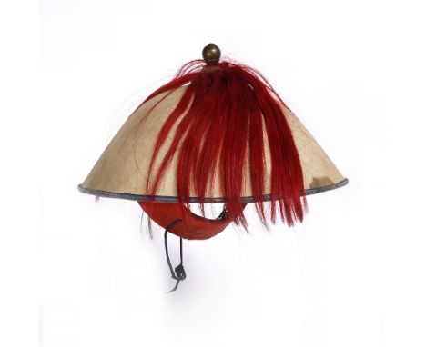 A Chinese Summer Court hat 18th/19th Century with original finial and red plumage, 32.5cm diameter