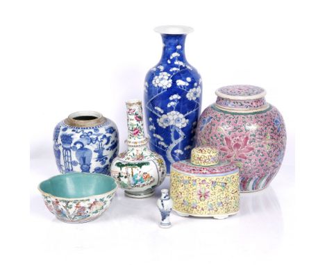 A Chinese blue and white baluster vase 19th Century decorated prunus, yellow ground enamel tea caddy and cover, ginger jar an