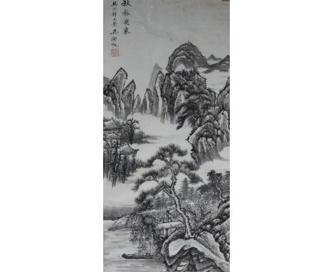 Chinese School 18th/19th Century Pair of scroll paintings of mountains, in the Ming style, signed, ink, 76cm x 42cm (2)