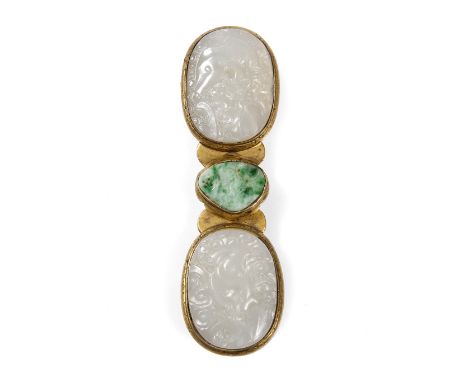 A Chinese two piece jade and brass belt buckle 19th Century of oval form and mounted with two plaques carved chi-lin amidst c