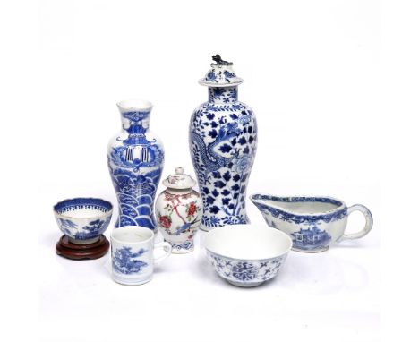 A Chinese blue and white baluster vase and cover 19th Century decorated dragon, 27cm, one other blue and white vase, a Chines