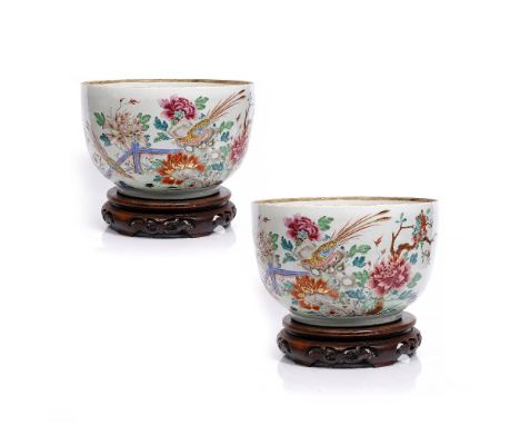 A large Chinese deep bowl Qianlong (1736-1795) exterior with famille rose enamel bird and flower designs, 36.5cm diameter x 2