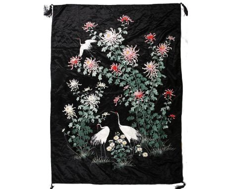 A Chinese black silk shawl circa 1930 decorated with cranes amongst flowers
