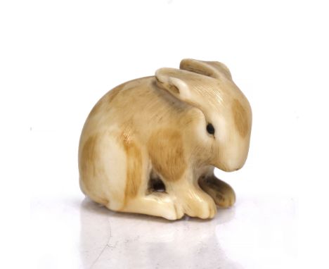 A Japanese ivory netsuke ? Ran - 19th Century of a seated pie-bald rabbit with ears turned back and inlaid jet black eyes, si